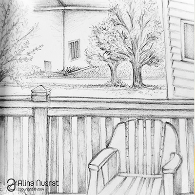 Sketch of chair on balcony porch.