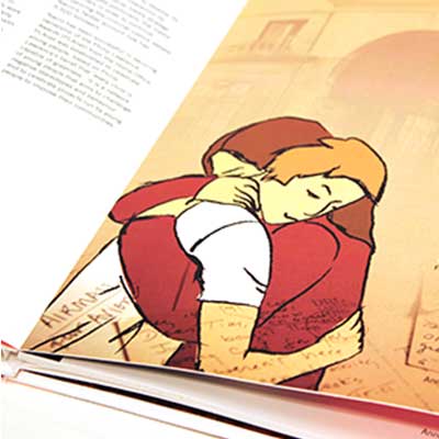 Illustration of mother and son hugging